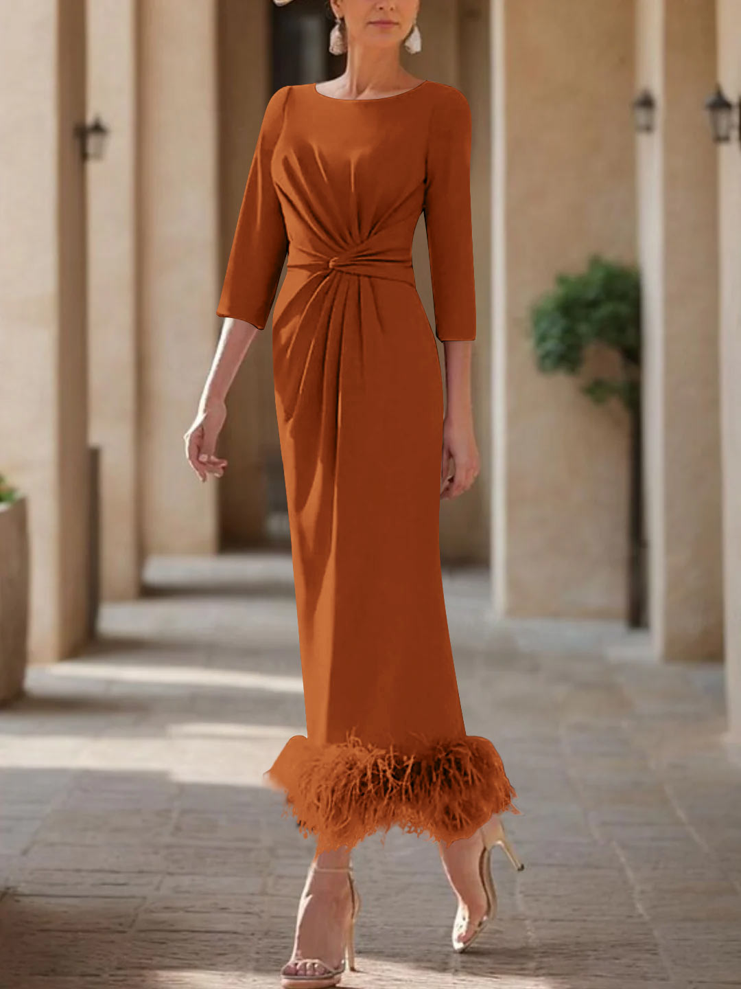 Elegant Feathered Scoop Neck Ankle Length Dress For Mothers Of The Bride