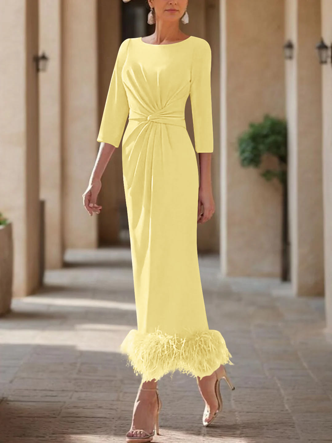 Elegant Feathered Scoop Neck Ankle Length Dress For Mothers Of The Bride