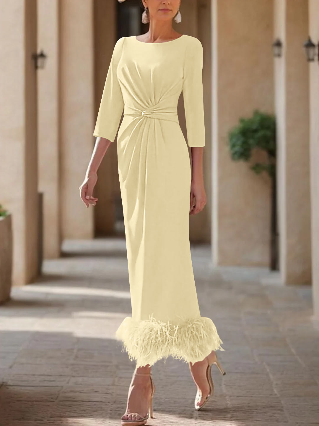 Elegant Feathered Scoop Neck Ankle Length Dress For Mothers Of The Bride