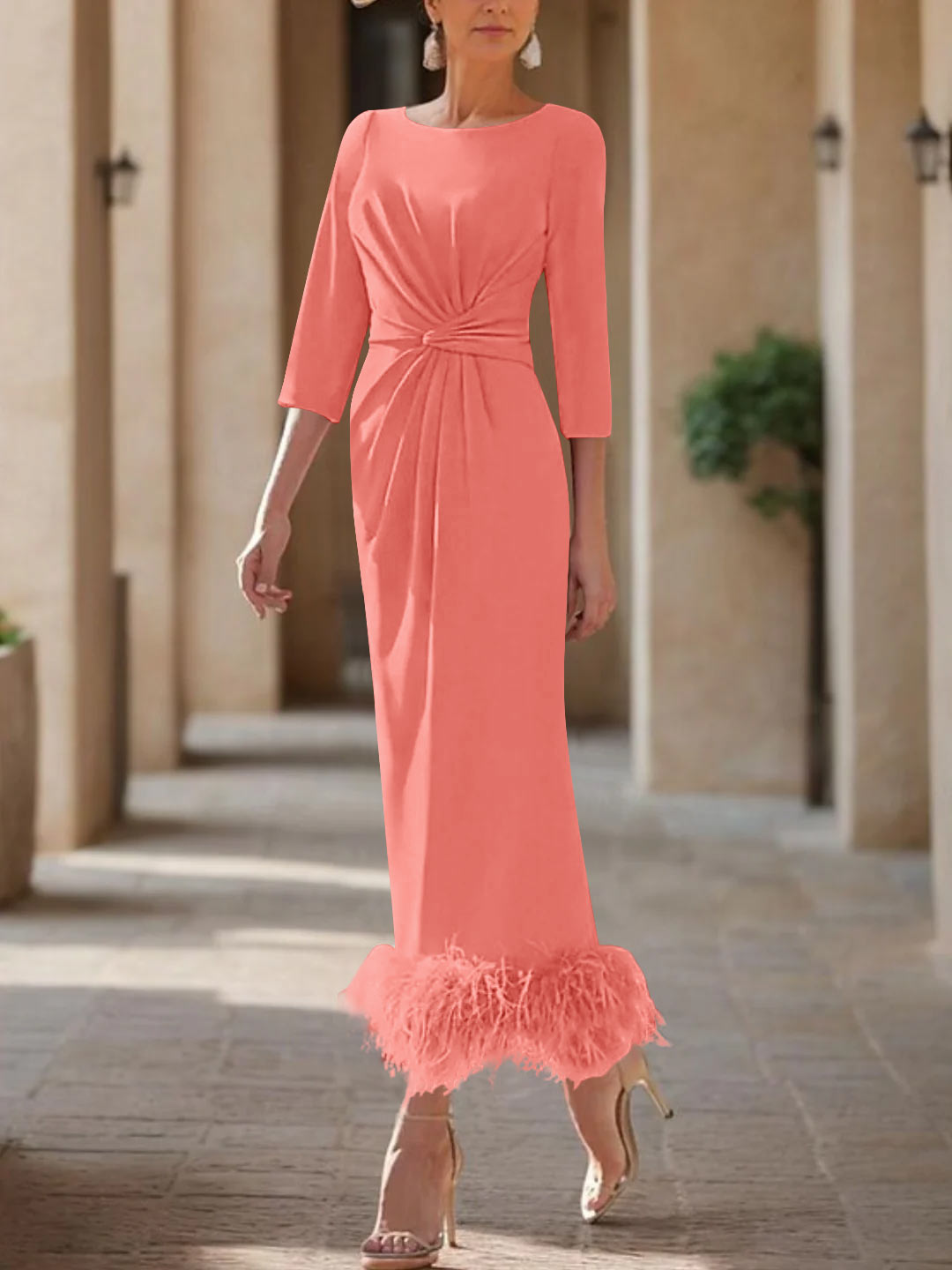Elegant Feathered Scoop Neck Ankle Length Dress For Mothers Of The Bride