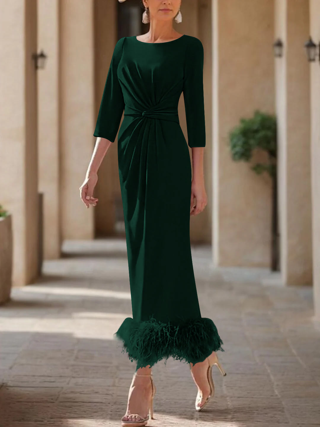 Elegant Feathered Scoop Neck Ankle Length Dress For Mothers Of The Bride