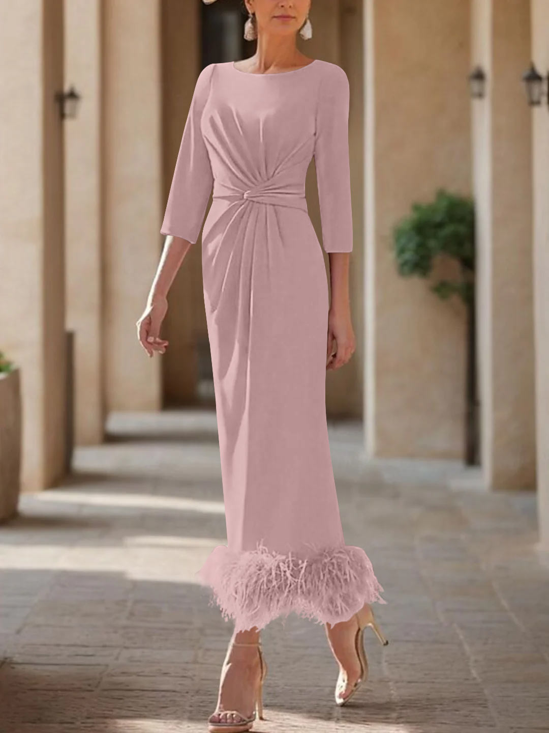 Elegant Feathered Scoop Neck Ankle Length Dress For Mothers Of The Bride