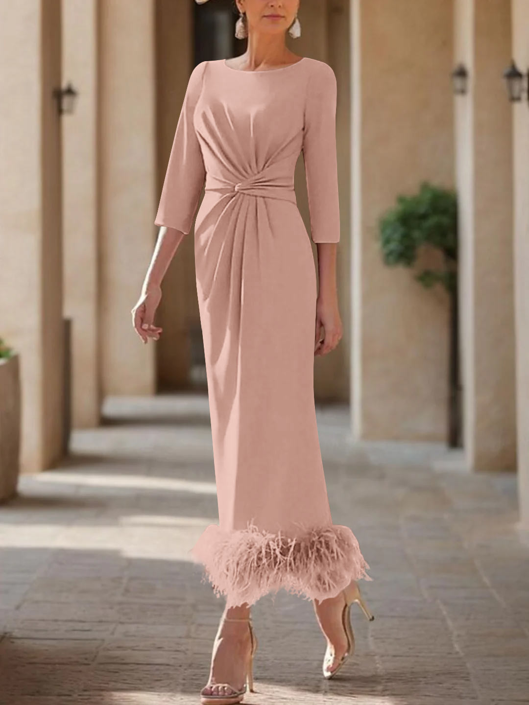 Elegant Feathered Scoop Neck Ankle Length Dress For Mothers Of The Bride