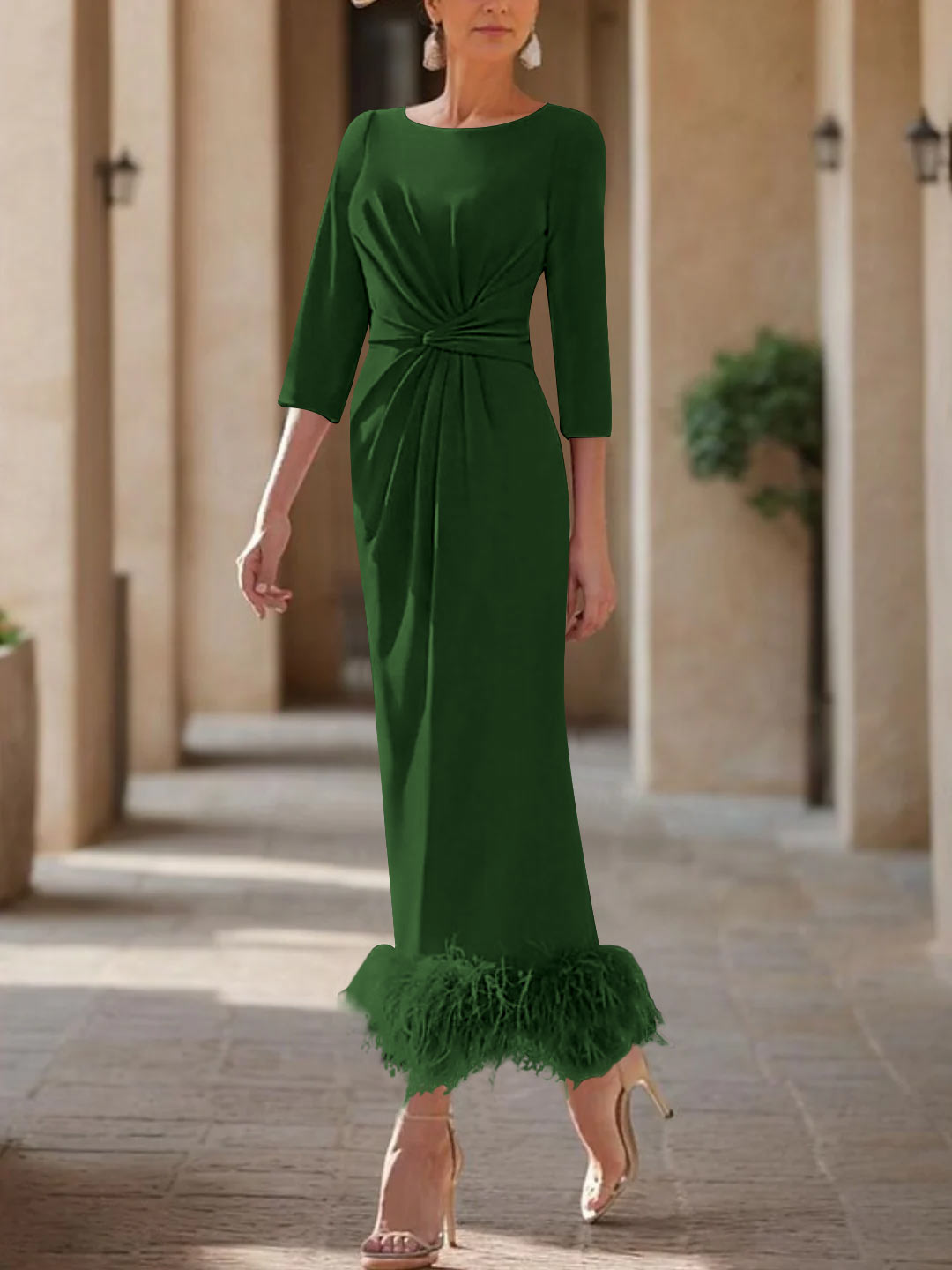 Elegant Feathered Scoop Neck Ankle Length Dress For Mothers Of The Bride