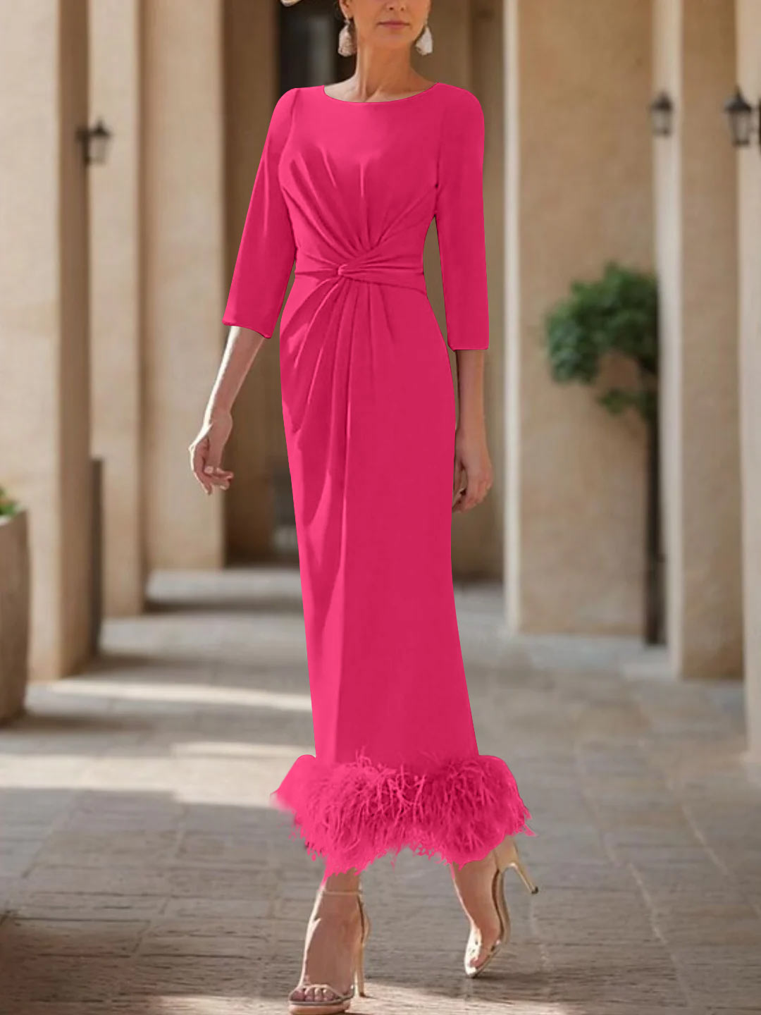 Elegant Feathered Scoop Neck Ankle Length Dress For Mothers Of The Bride