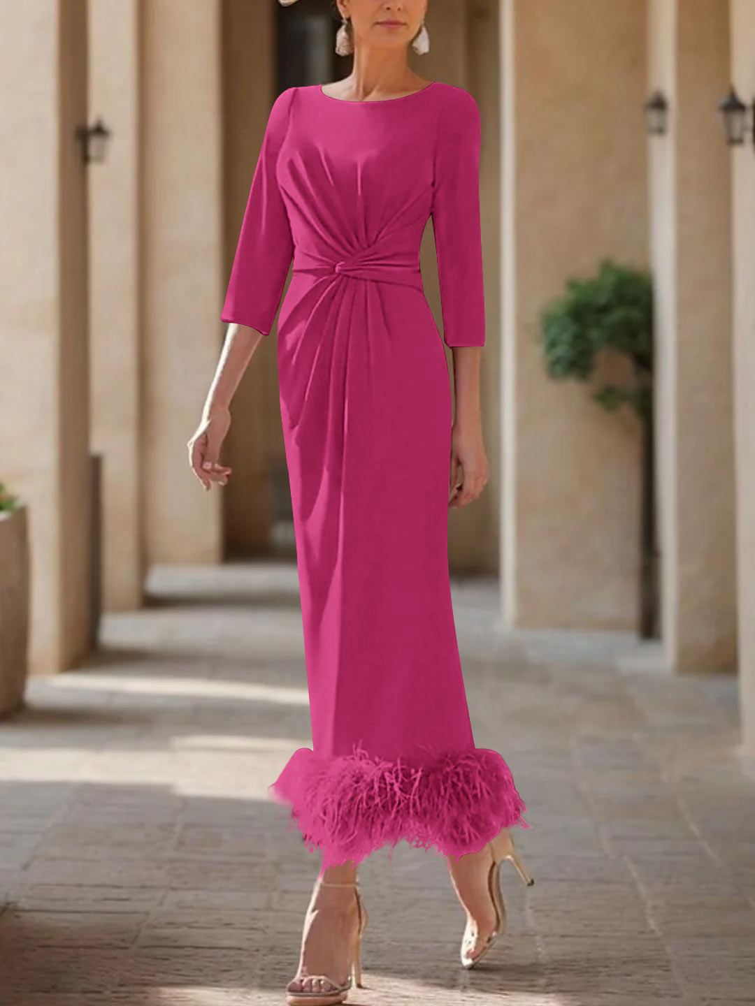 Elegant Feathered Scoop Neck Ankle Length Dress For Mothers Of The Bride