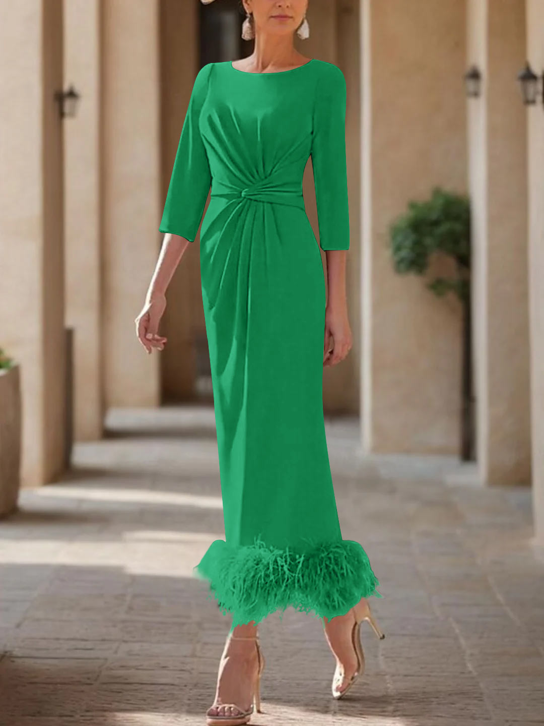 Elegant Feathered Scoop Neck Ankle Length Dress For Mothers Of The Bride