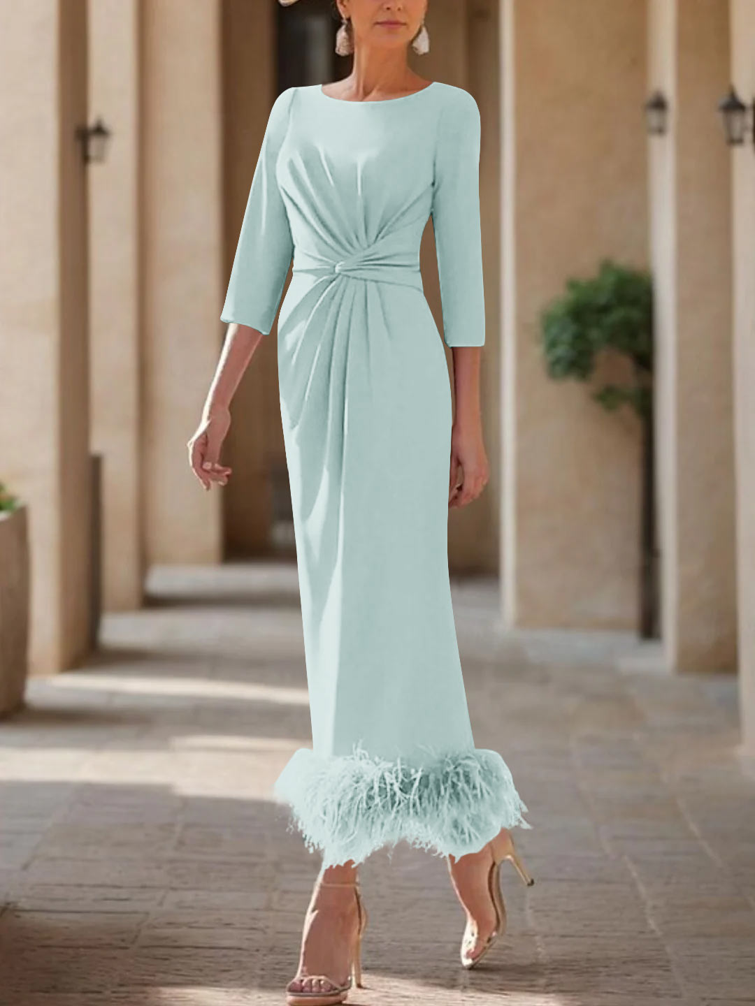 Elegant Feathered Scoop Neck Ankle Length Dress For Mothers Of The Bride