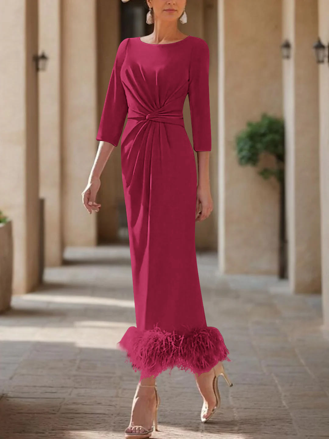 Elegant Feathered Scoop Neck Ankle Length Dress For Mothers Of The Bride