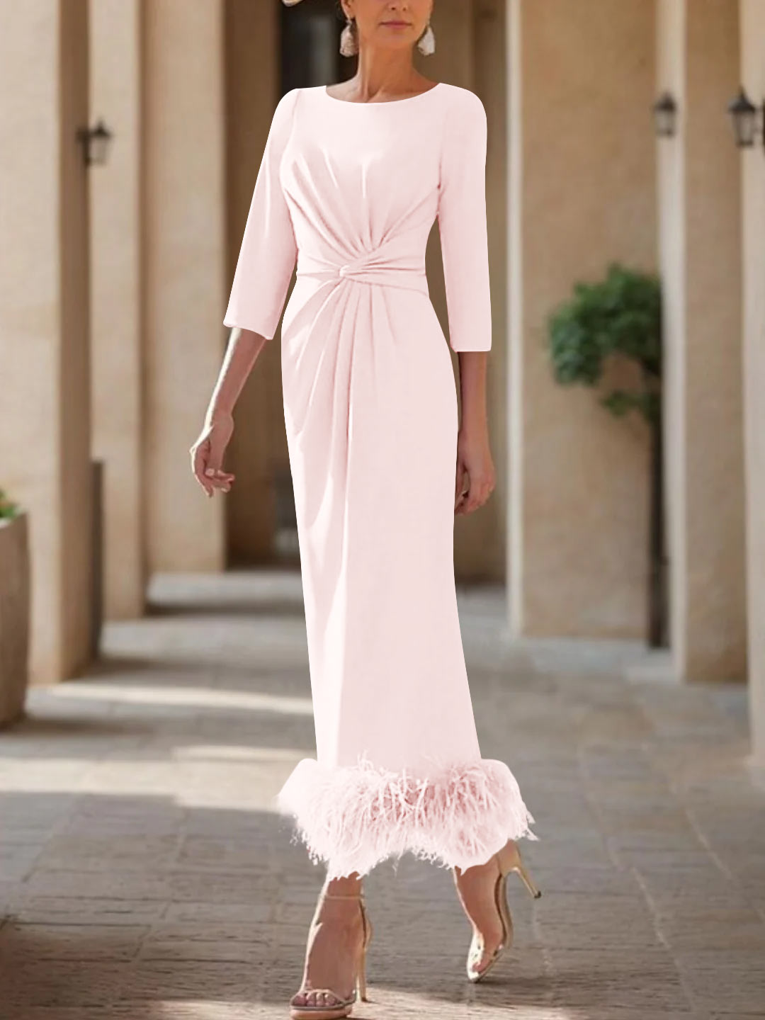Elegant Feathered Scoop Neck Ankle Length Dress For Mothers Of The Bride
