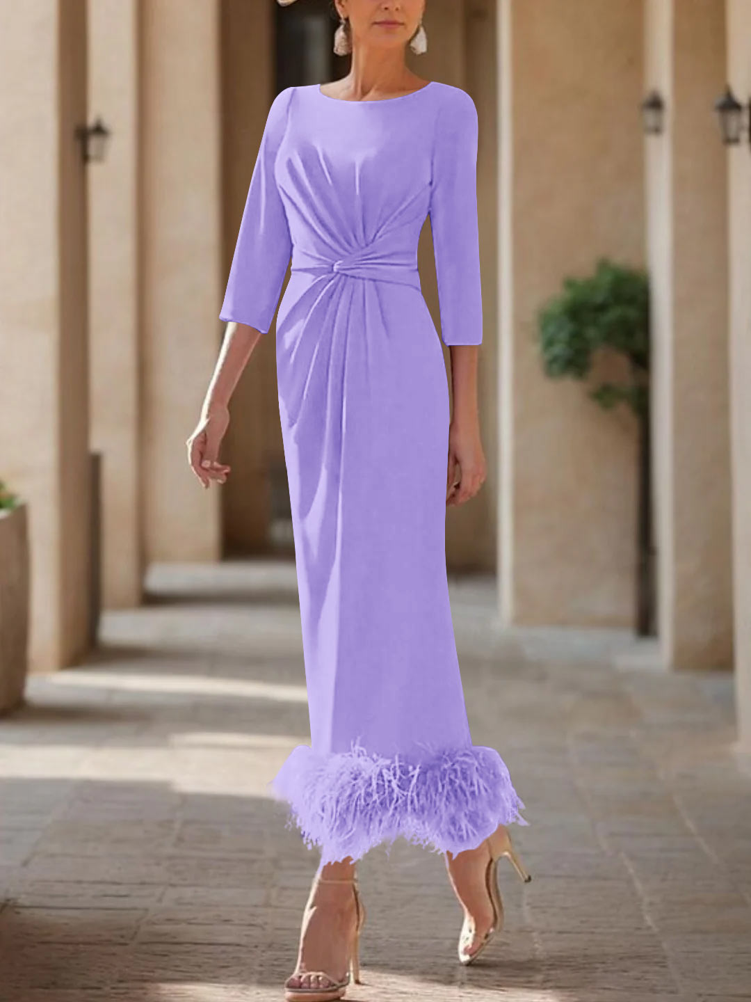 Elegant Feathered Scoop Neck Ankle Length Dress For Mothers Of The Bride
