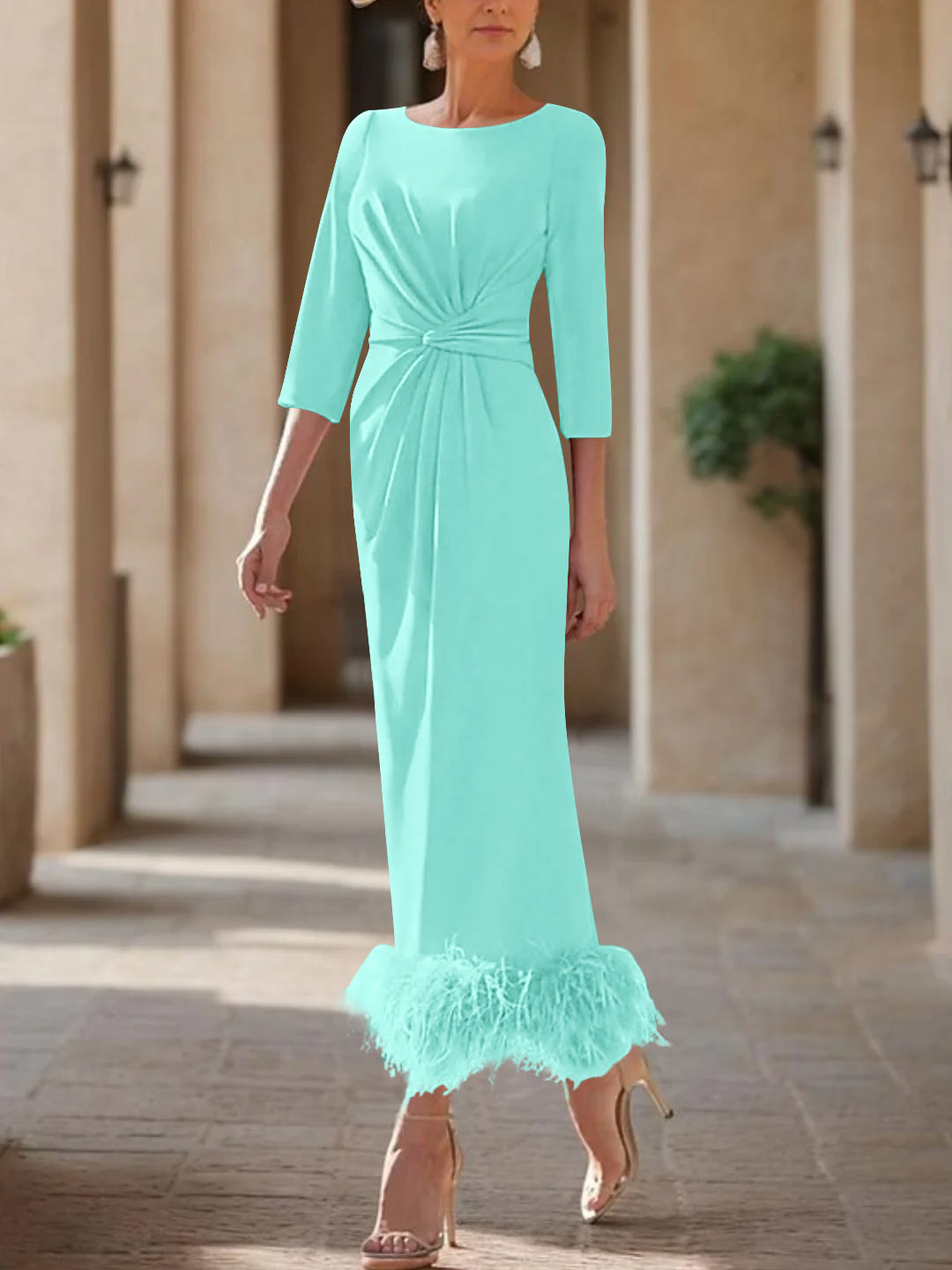Elegant Feathered Scoop Neck Ankle Length Dress For Mothers Of The Bride