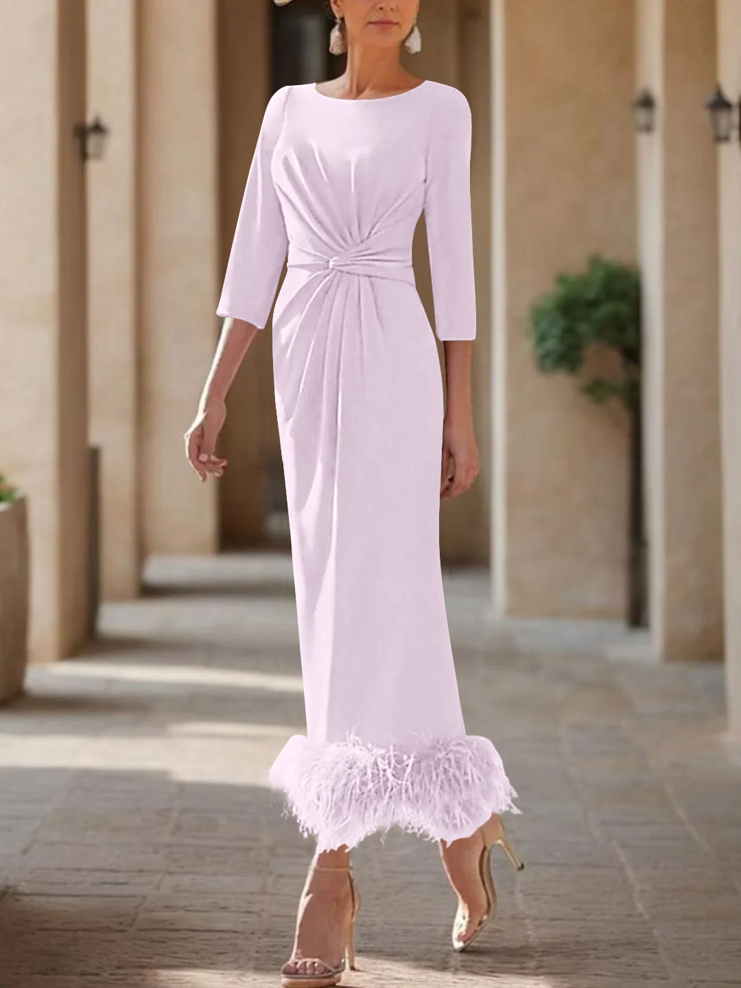 Elegant Feathered Scoop Neck Ankle Length Dress For Mothers Of The Bride