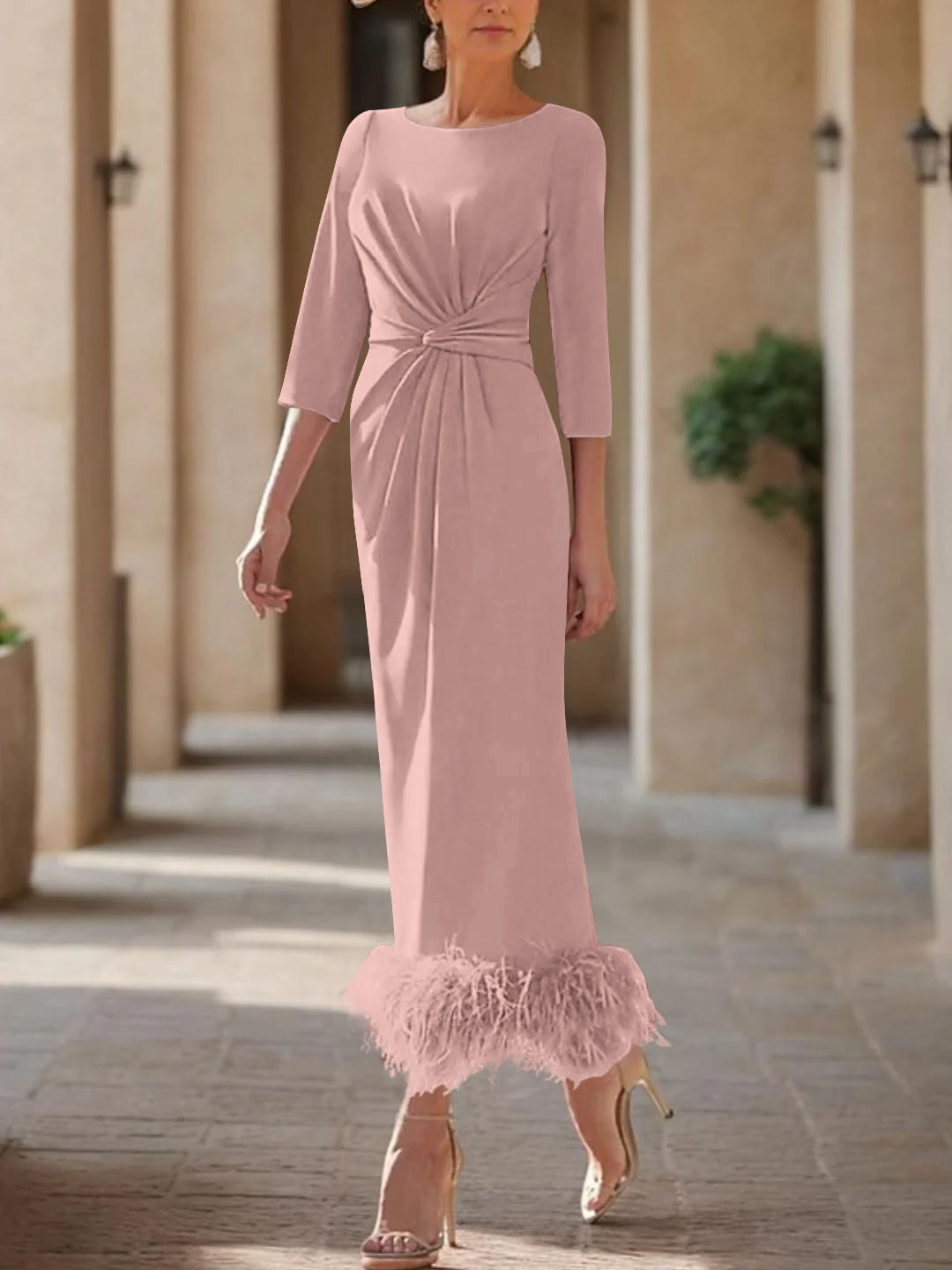 Elegant Feathered Scoop Neck Ankle Length Dress For Mothers Of The Bride