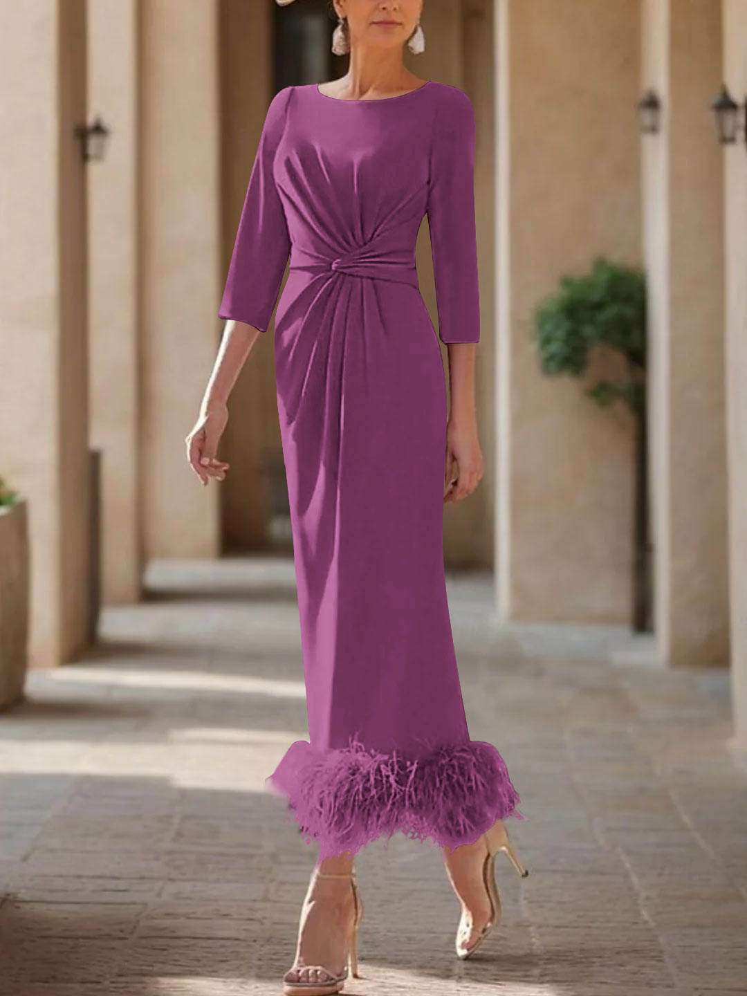 Elegant Feathered Scoop Neck Ankle Length Dress For Mothers Of The Bride