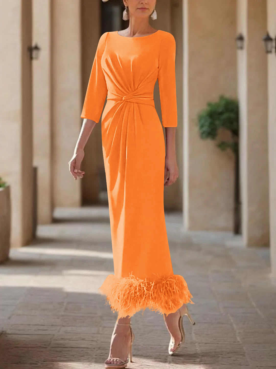 Elegant Feathered Scoop Neck Ankle Length Dress For Mothers Of The Bride