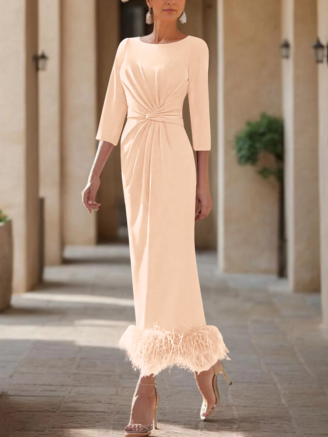 Elegant Feathered Scoop Neck Ankle Length Dress For Mothers Of The Bride