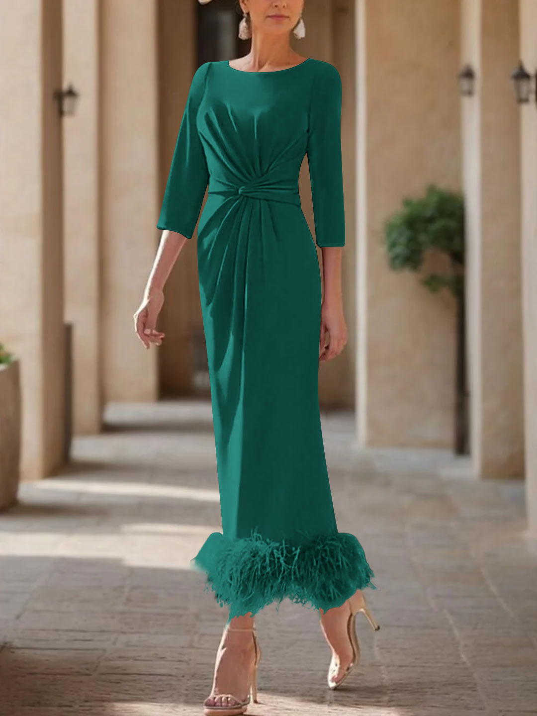 Elegant Feathered Scoop Neck Ankle Length Dress For Mothers Of The Bride