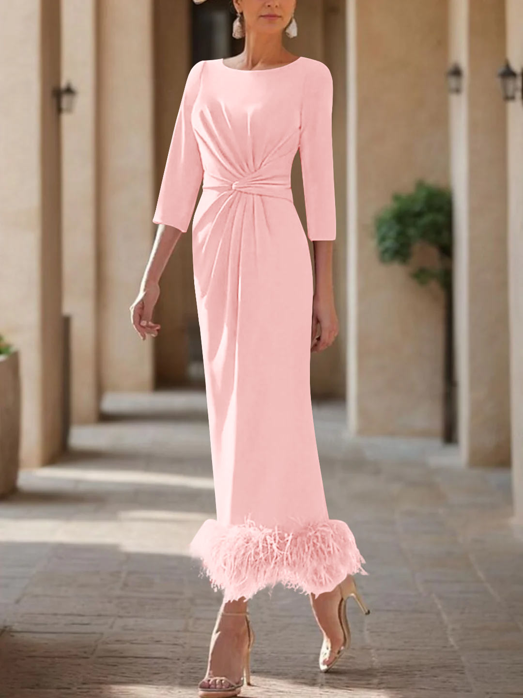Elegant Feathered Scoop Neck Ankle Length Dress For Mothers Of The Bride