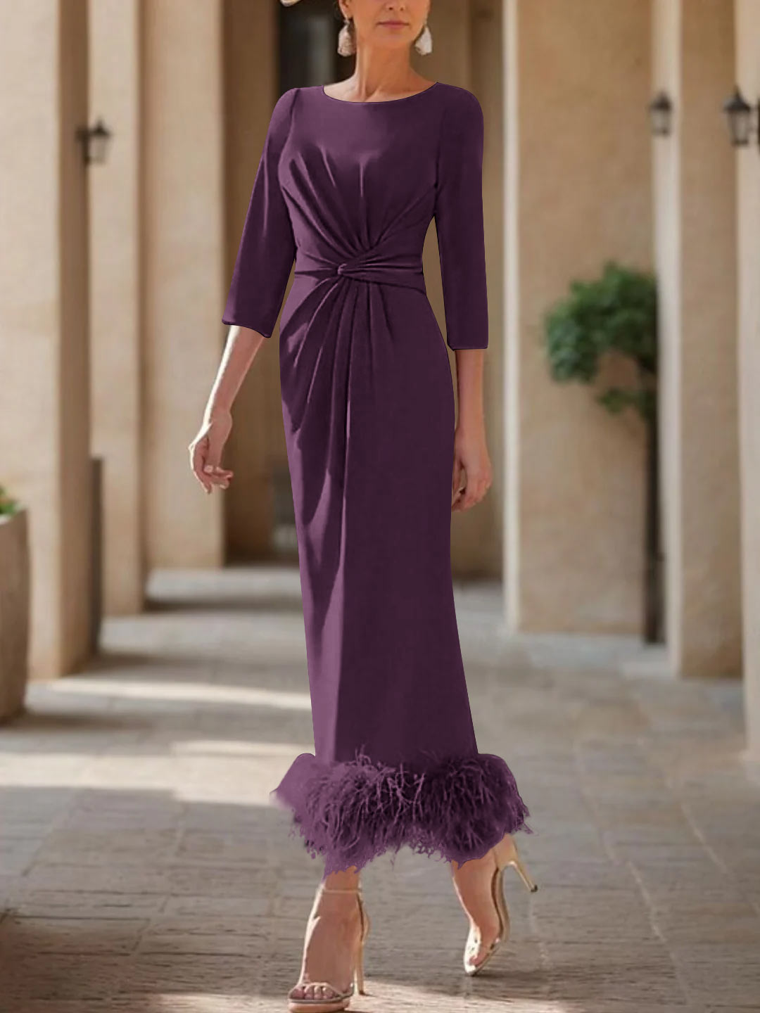 Elegant Feathered Scoop Neck Ankle Length Dress For Mothers Of The Bride
