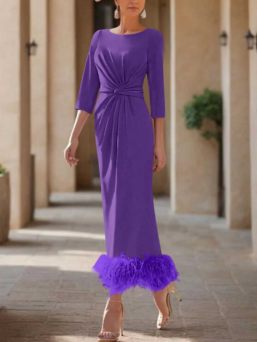 Elegant Feathered Scoop Neck Ankle Length Dress For Mothers Of The Bride