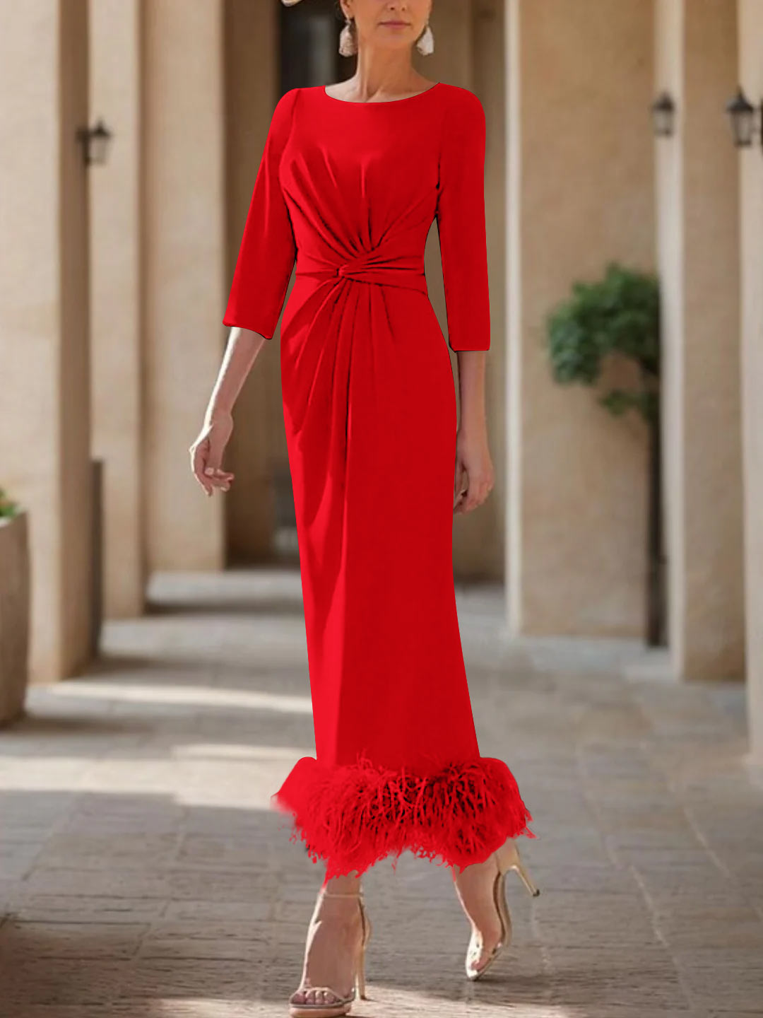 Elegant Feathered Scoop Neck Ankle Length Dress For Mothers Of The Bride