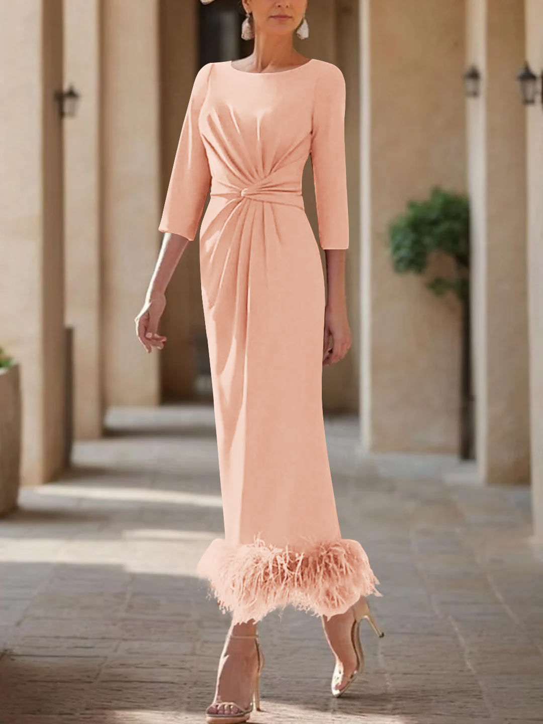 Elegant Feathered Scoop Neck Ankle Length Dress For Mothers Of The Bride
