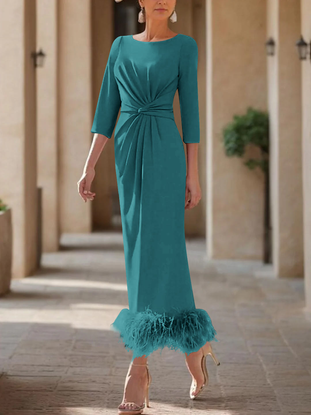 Elegant Feathered Scoop Neck Ankle Length Dress For Mothers Of The Bride
