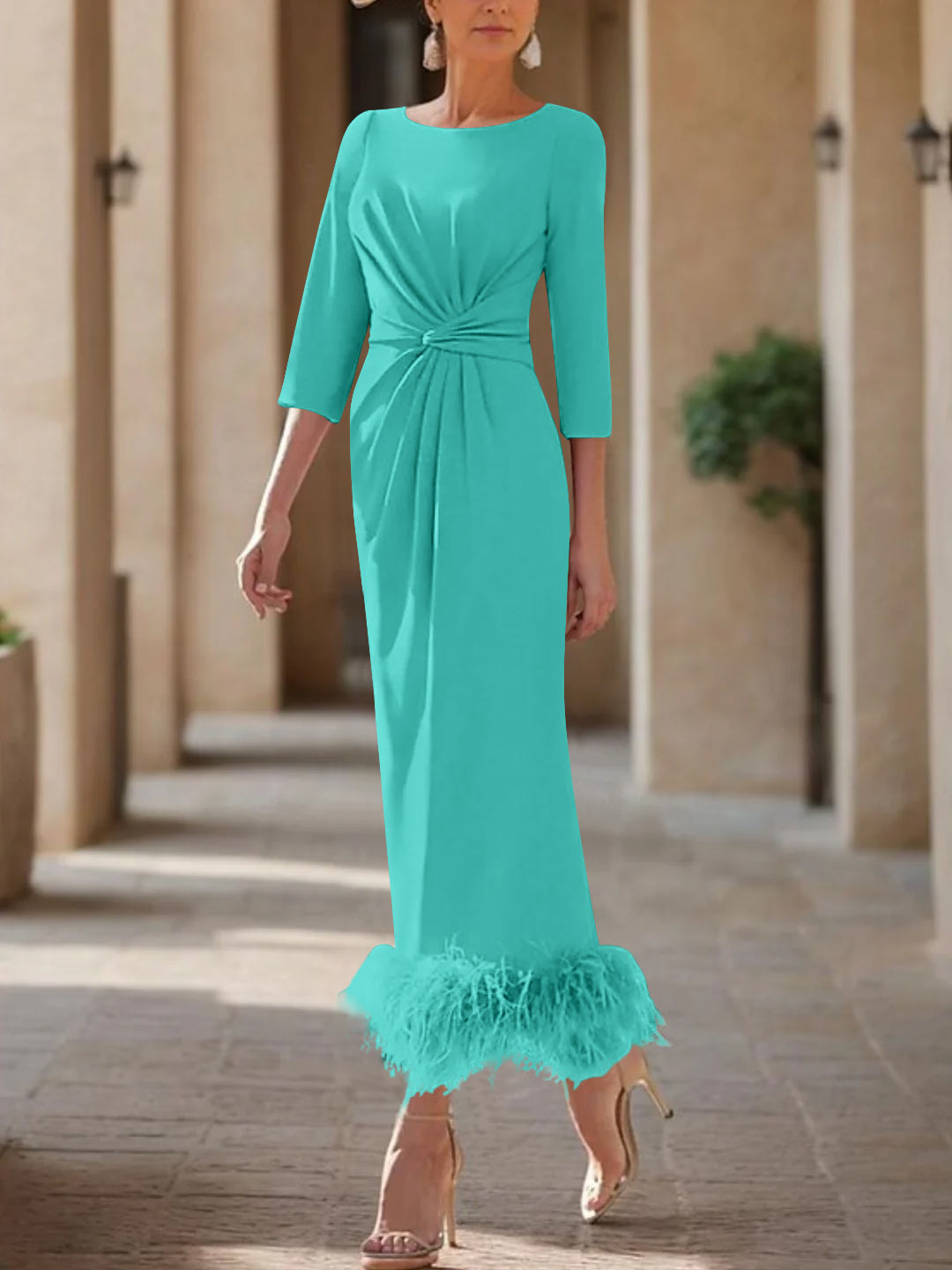 Elegant Feathered Scoop Neck Ankle Length Dress For Mothers Of The Bride