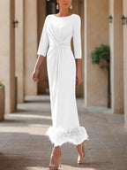 Elegant Feathered Scoop Neck Ankle Length Dress For Mothers Of The Bride