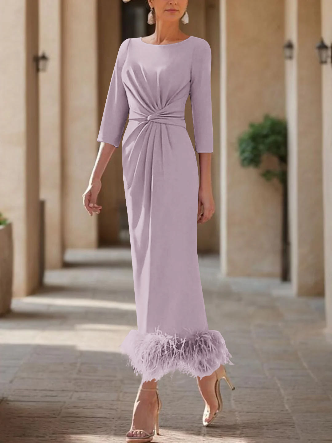 Elegant Feathered Scoop Neck Ankle Length Dress For Mothers Of The Bride