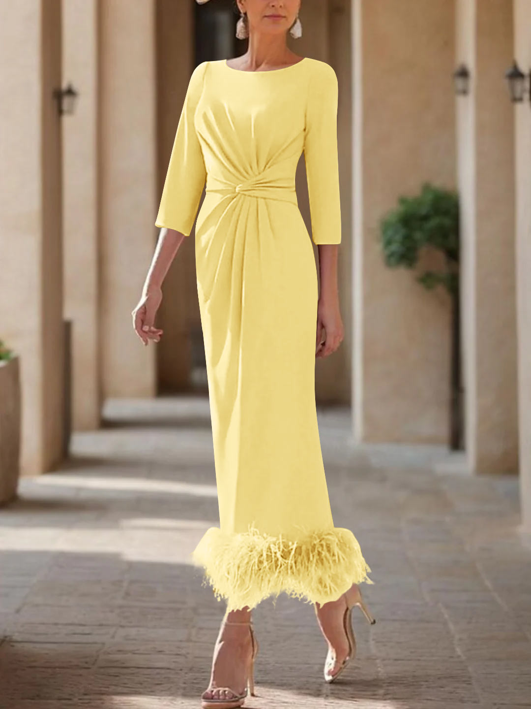 Elegant Feathered Scoop Neck Ankle Length Dress For Mothers Of The Bride