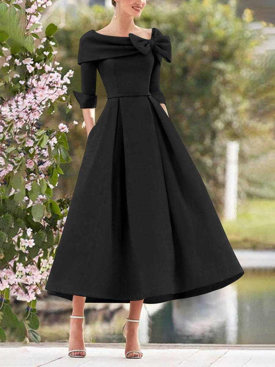 A Line Dress With Cowl Neck And Bows For Moms Three Quarter Sleeves Tea Length