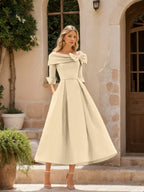 A Line Dress With Cowl Neck And Bows For Moms Three Quarter Sleeves Tea Length