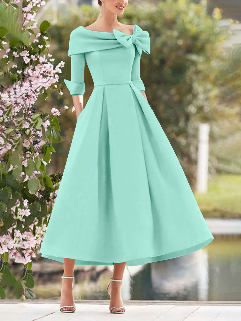 A Line Dress With Cowl Neck And Bows For Moms Three Quarter Sleeves Tea Length