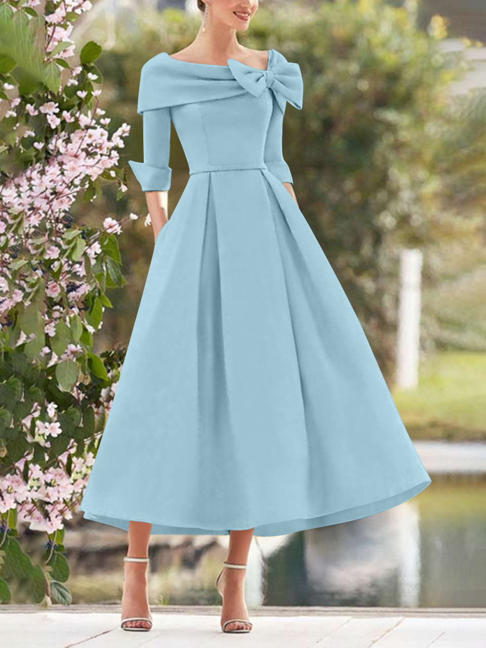 A Line Dress With Cowl Neck And Bows For Moms Three Quarter Sleeves Tea Length