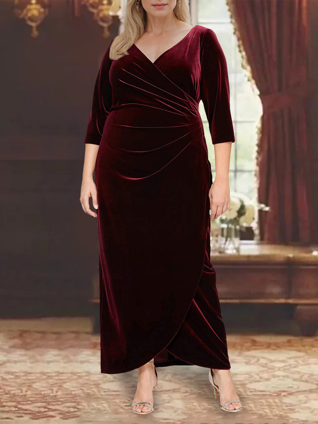 Plus Size V Neck Mother Of The Bride Dress A Line With Sleeves And Ruffles