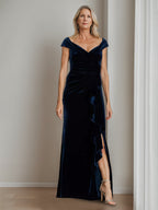 Velvet Mother of the Bride Dress V Neck a Line Floor Length with Side Split