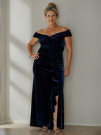 Velvet Mother of the Bride Dress V Neck a Line Floor Length with Side Split