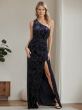 One Shoulder Sleeveless Velvet A Line Mother Of The Bride Gown With Side Split