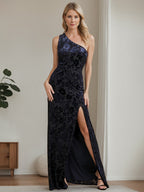 One Shoulder Sleeveless Velvet A Line Mother Of The Bride Gown With Side Split