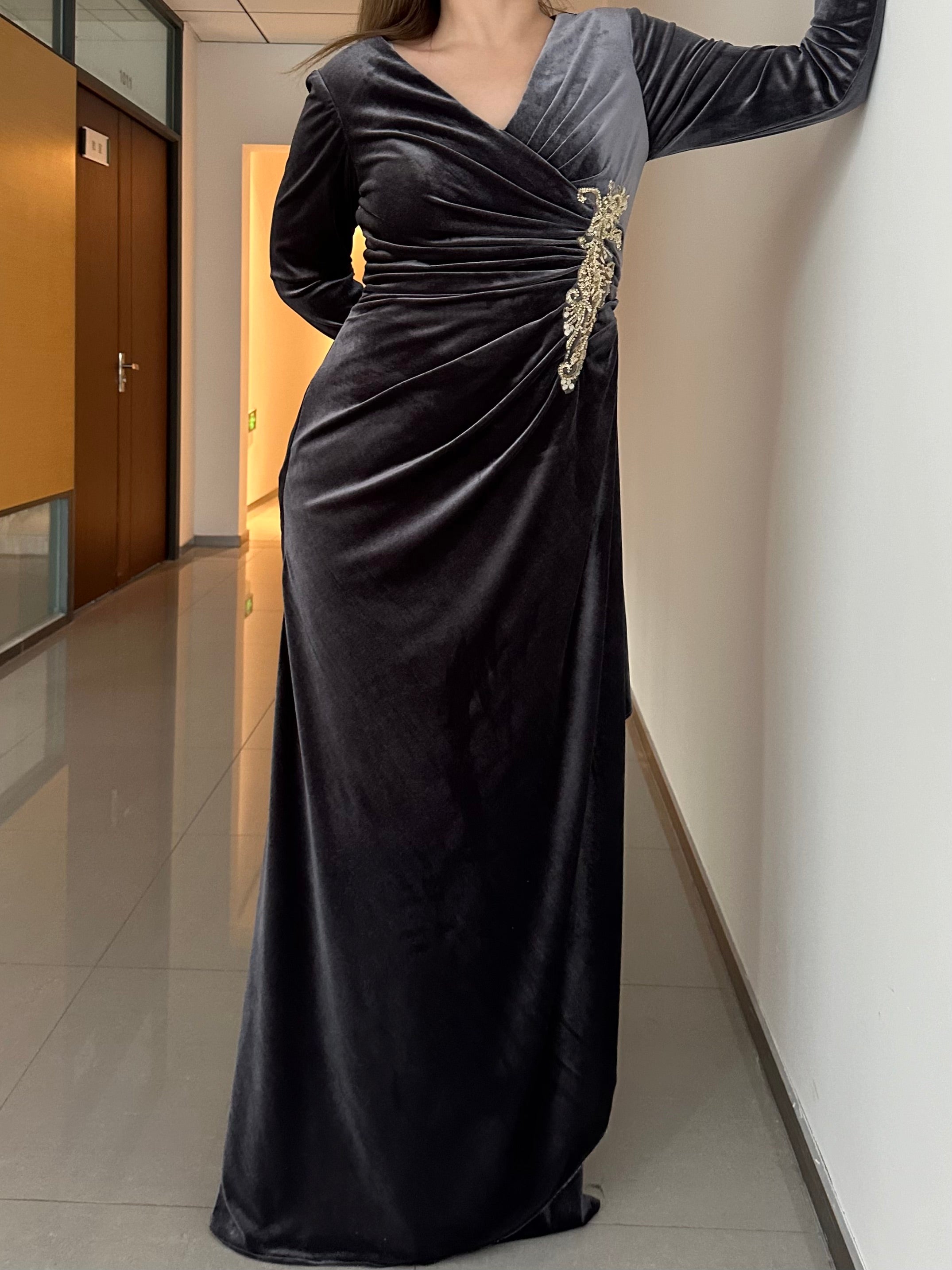Velvet V Neck A Line Floor Length Mother Of The Bride Dress With Ruffled Sleeves