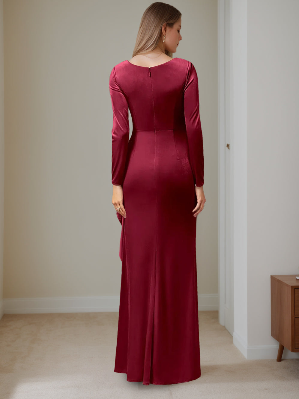 Velvet V Neck A Line Floor Length Mother Of The Bride Dress With Ruffled Sleeves