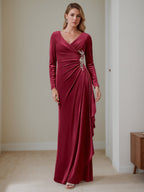 Velvet V Neck A Line Floor Length Mother Of The Bride Dress With Ruffled Sleeves