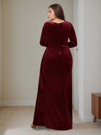 Velvet A Line Mother Of The Bride Dress Plus Size V Neck Floor Length Ruffles