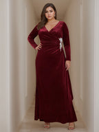 Velvet A Line Mother Of The Bride Dress Plus Size V Neck Floor Length Ruffles