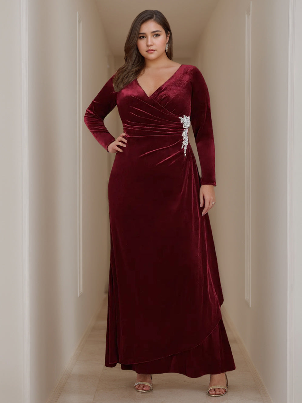 Velvet A Line Mother Of The Bride Dress Plus Size V Neck Floor Length Ruffles
