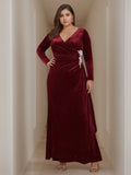 Velvet V Neck A Line Floor Length Mother Of The Bride Dress With Ruffled Sleeves