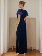 Velvet V Neck Floor Length Sheath Dress With Appliques For Mother Of The Bride