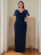 Velvet V Neck Floor Length Sheath Dress With Appliques For Mother Of The Bride